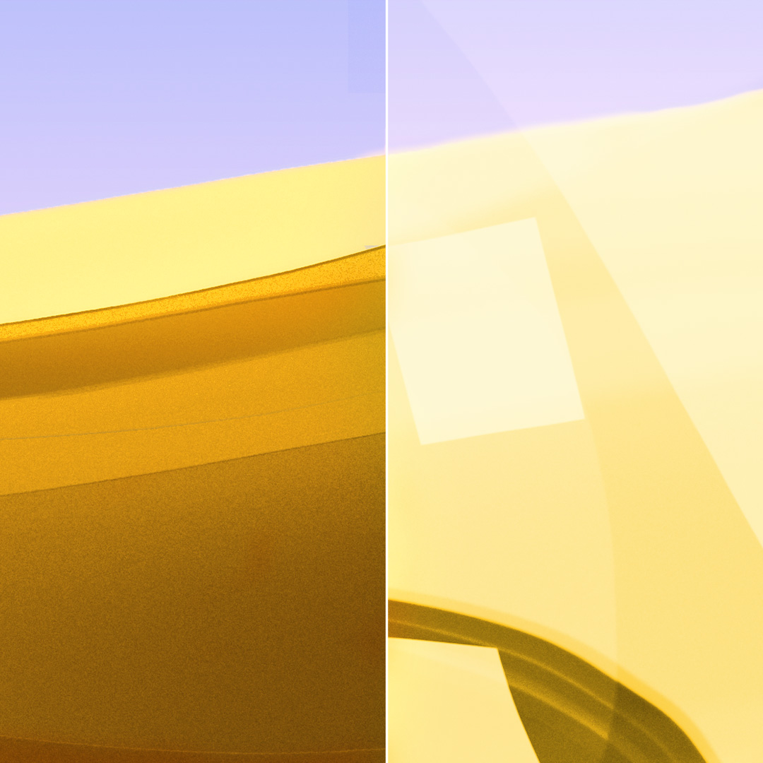 Delte bilder av et klart, rent glass med ZEISS DuraVision Gold UV og et glass med sterk refleksjon.