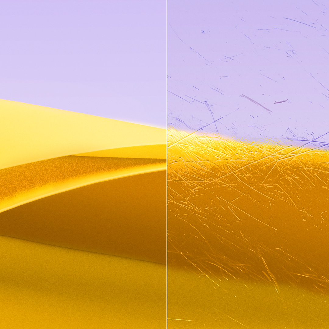 Delte bilder av et klart, rent glass med ZEISS DuraVision Gold UV og et glass med riper.