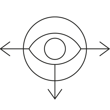 Ikon som viser et øye i en sirkel med tre piler - venstre, ned og høyre.