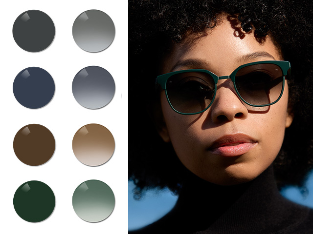 En ung kvinne bruker ZEISS Sun Rx-glass med svart gradient. Fargene svart, grå, brun og grågrønne pionertoner i ensfargede og graderte varianter vises.