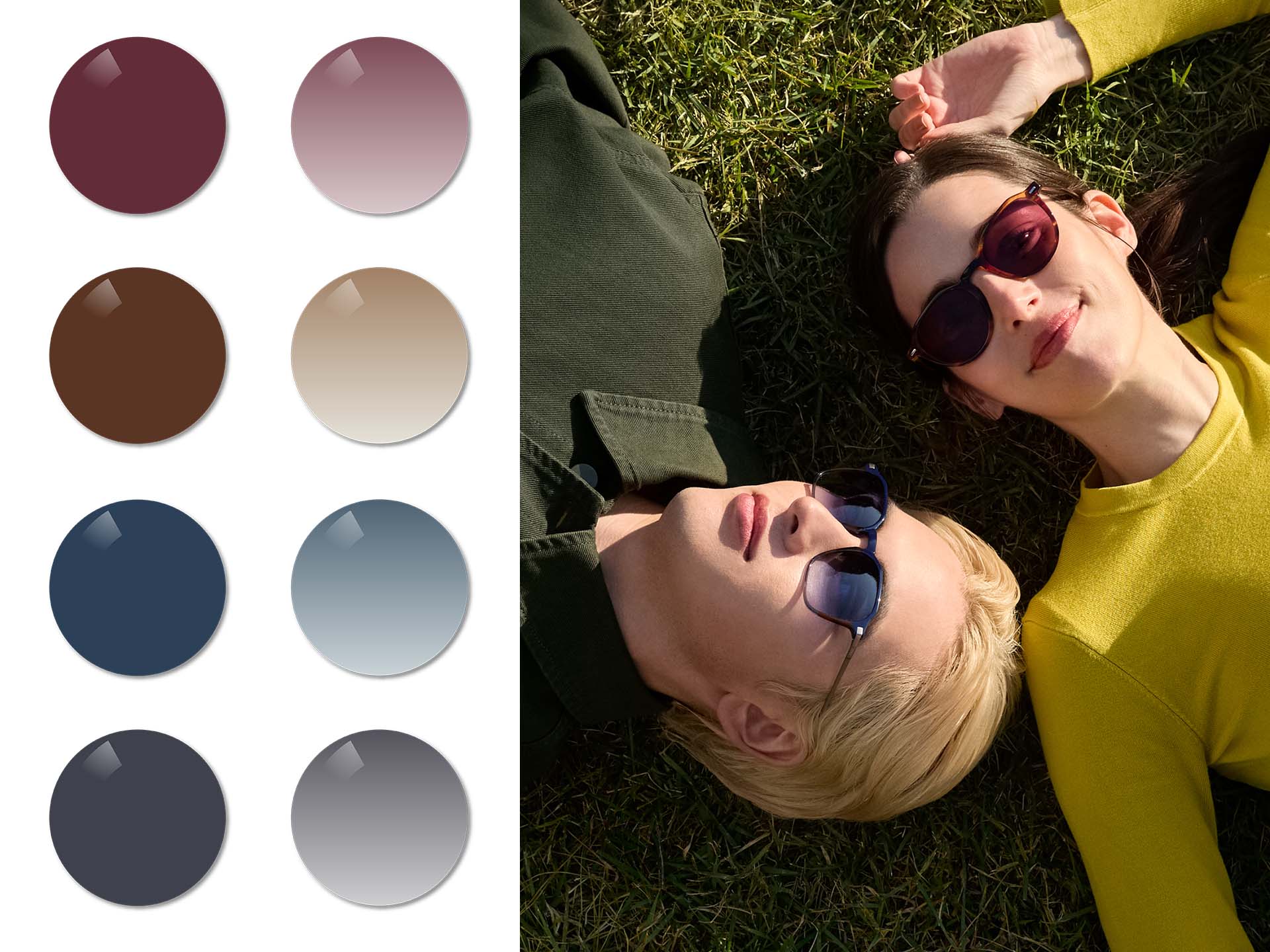 En mann bruker ZEISS Sun Rx-glass i Midnight Blue gradient, og en kvinne bruker ZEISS solbriller med styrke i ensfarget Burgundy mens hun ligger i gresset. Så vises glassfargene Burgundy, Copper Brown, Midnight Blue og Dusk Grey i ensfargede og graderte varianter.