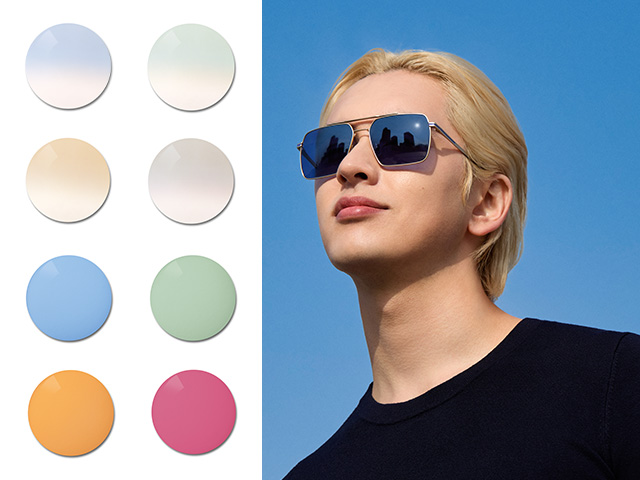 En ung mann bruker ensfargede blå ZEISS Sun Rx-glass. Paletten med spesialfarger vises med alt fra graderte pastellfarger til sterke og fargerike ensfargede glassvarianter.
