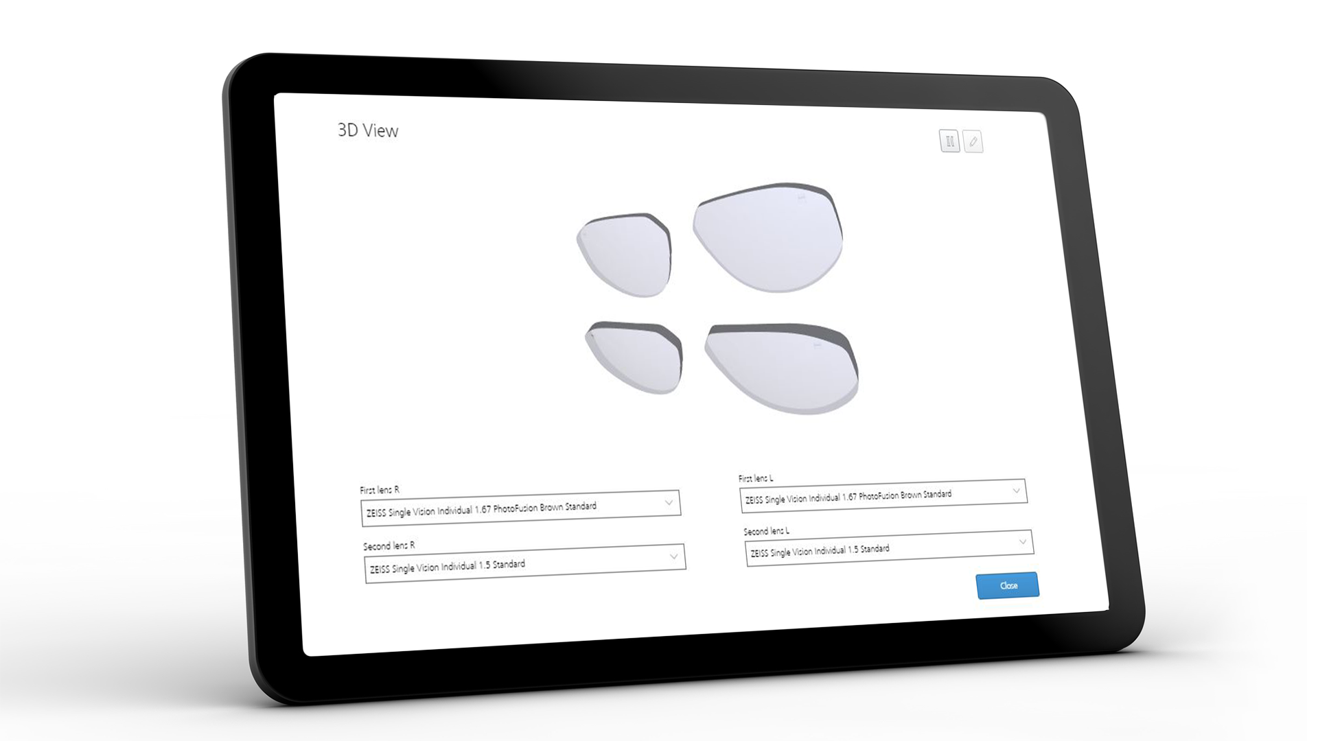 Nettbrettskjerm som viser ZEISS VISUSTORE-grensesnittet for 3D-visning 
