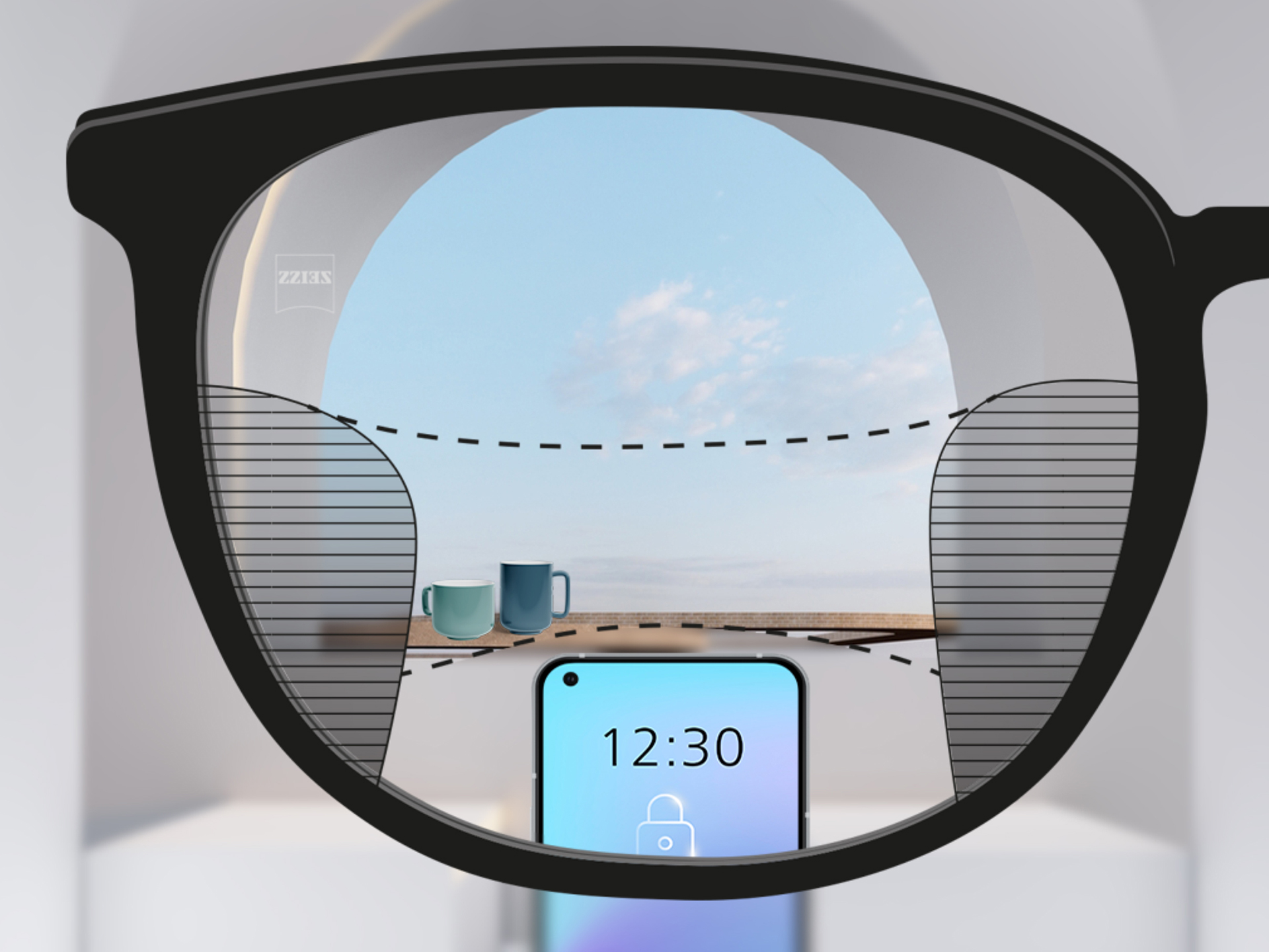 Et  perspektivbilde gjennom et ZEISS progressivt SmartLife-glass: De uskarpe sonene til venstre og høyre på glasset er små og muliggjør store, klare synssoner.