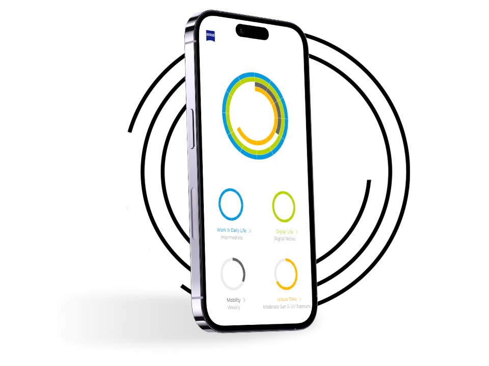 En smarttelefon foran svarte ringer viser synsprofilen til en bruker av Min synsprofil med forskjellig fargede ringer. 