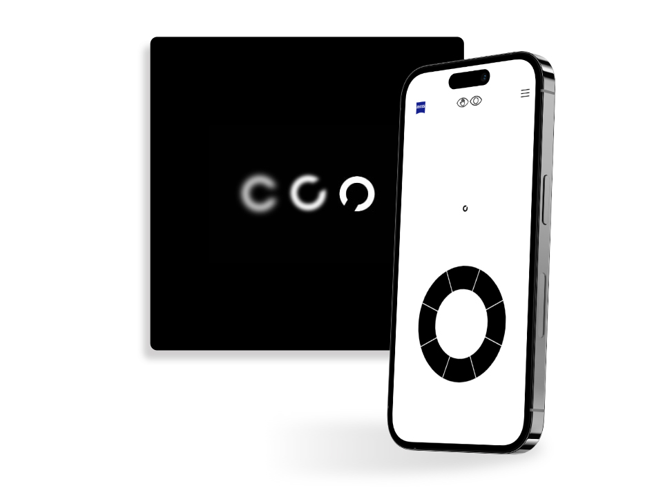 En smarttelefon med en skjerm av en ZEISS synsundersøkelse på nettet-øvelse, stående foran en svart firkantet knapp som viser forskjellige skarpe sirkler med en åpning i forskjellige retninger, ofte brukt ved synstester.