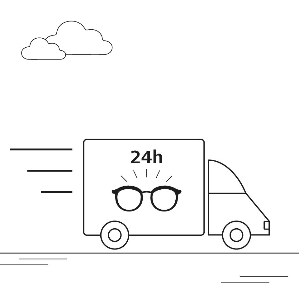 En illustrasjon av en varebil som leverer brilleglass.