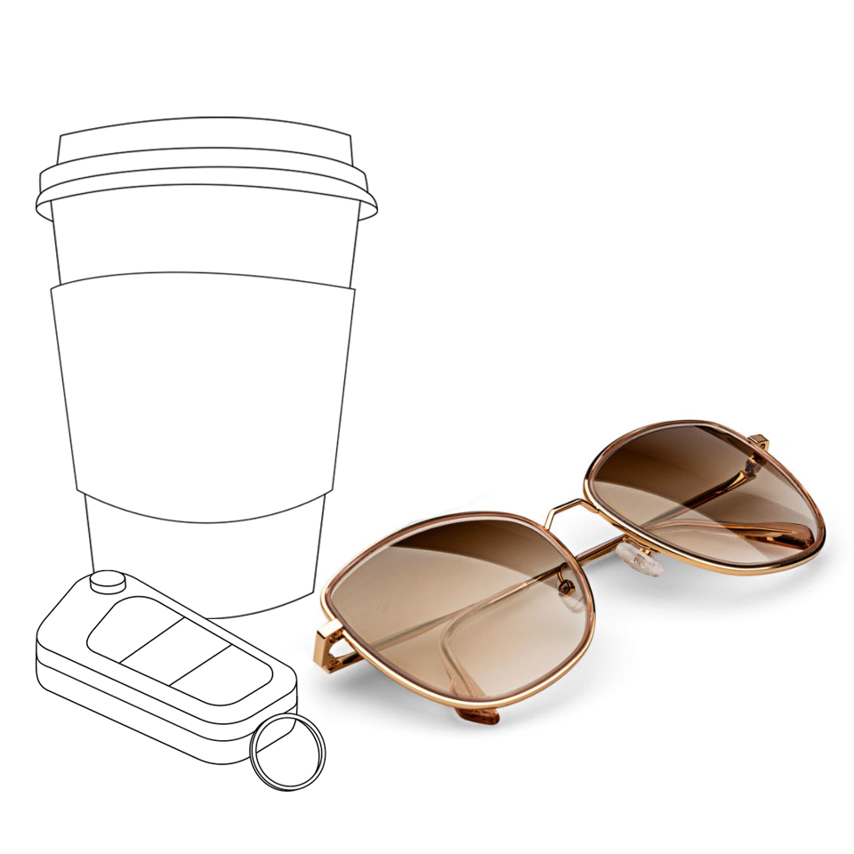 En illustrert kaffekopp og bilnøkler ved siden av et ekte bilde av ZEISS solbrilleglass med en brun gradientfarge.