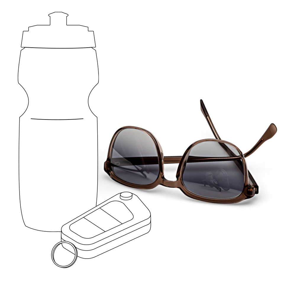 En illustrert sportsdrikkeflaske og bilnøkler ved siden av et ekte bilde av ZEISS solbrilleglass med en grå gradientfarge.