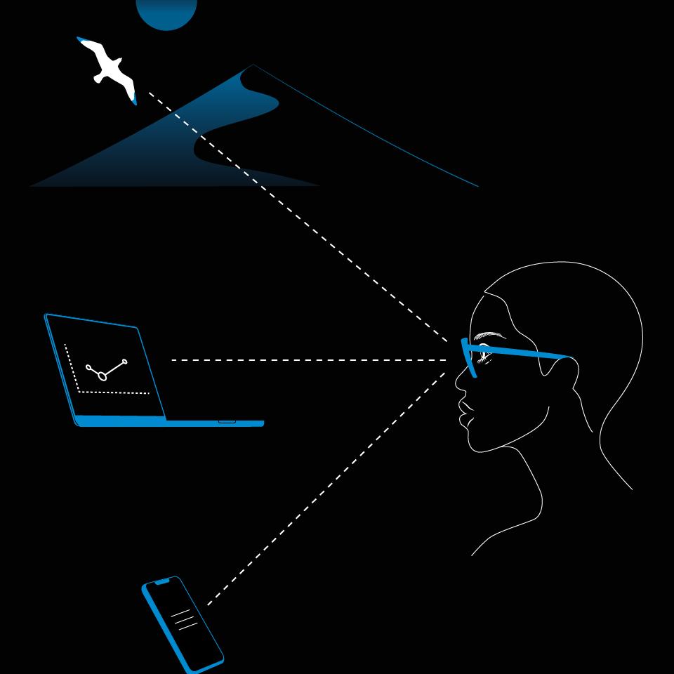 En illustrasjon av en kvinne som bruker briller og illustrasjoner på en telefon, bærbar datamaskin og et landskap som viser de tre avstandssonene som støttes av progressive glass.
