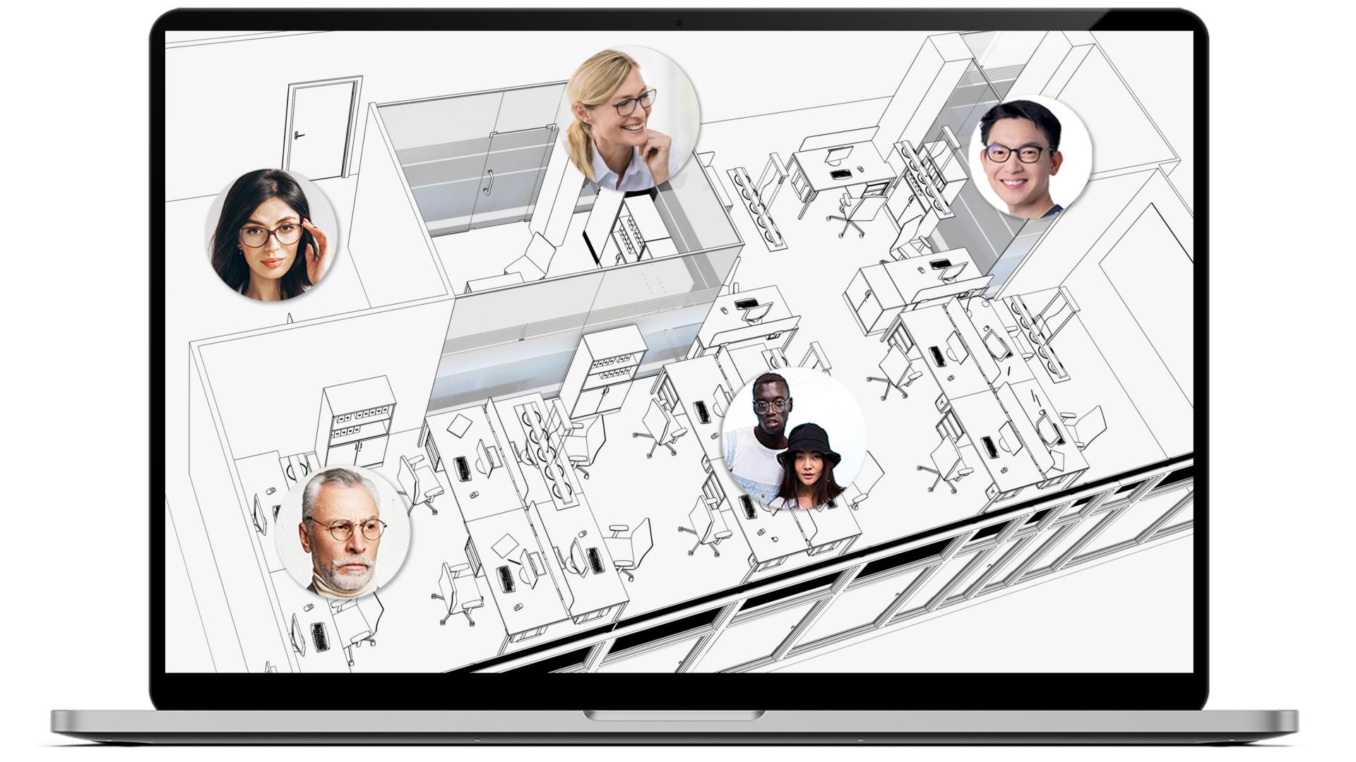 Bærbar datamaskin med en kontorlayouttegning på skjermen, som viser hvor ulike medarbeidere befinner seg. Hvert område har et lite rundt bilde av forskjellige mennesker som alle bruker ZEISS kontorbriller.