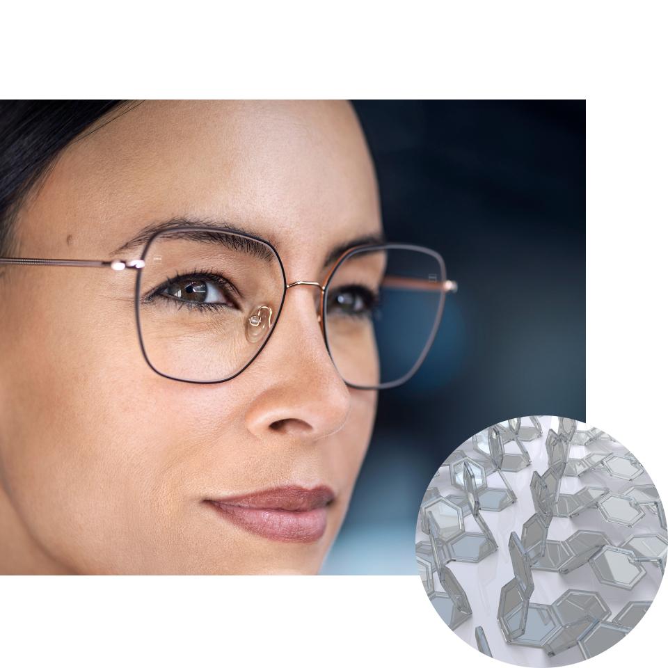 Kvinner som bruker briller med ZEISS PhotoFusion X i klar tilstand med en visualisering av de brettede fargestoffene. 