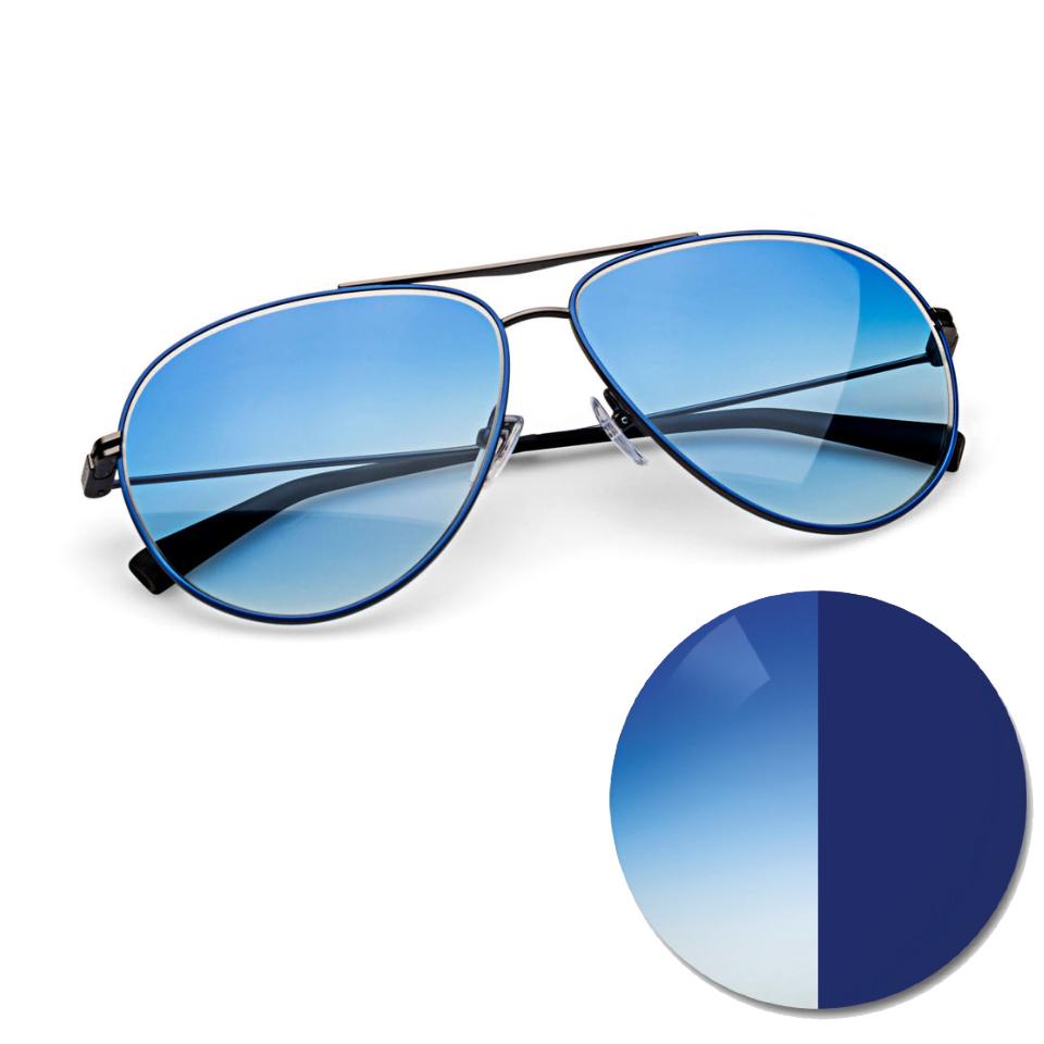 Briller med ZEISS AdaptiveSun gradert blått og en fargeprikk i lys og mørk tonet fargenyanse
