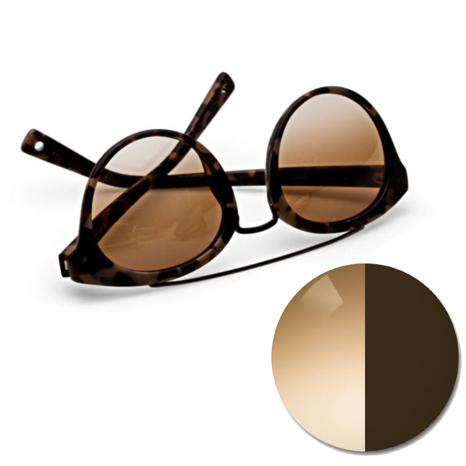 Briller med ZEISS AdaptiveSun gradert brunt og en fargeprikk i lys og mørk tonet fargenyanse