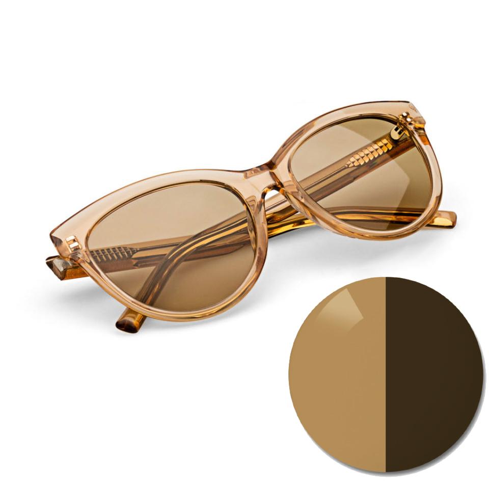 Briller med ZEISS AdaptiveSun ensfarget brun og en fargeprikk i lys og mørk tonet fargenyanse