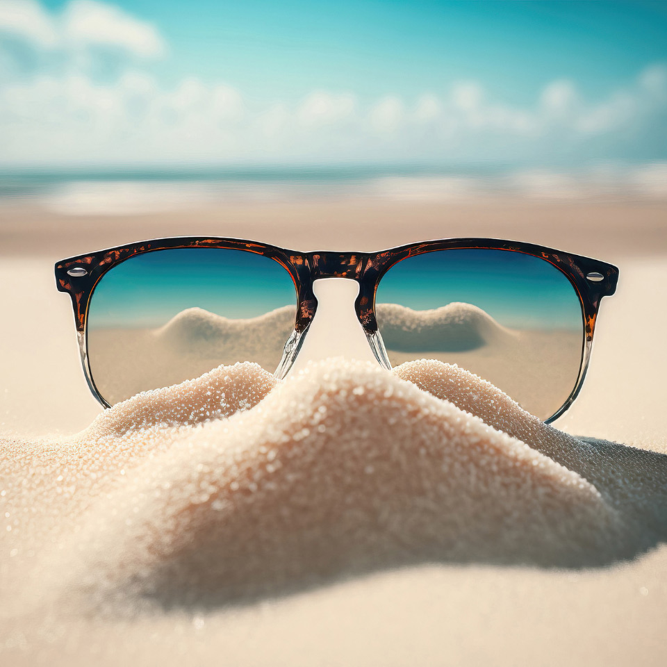 Solbriller med speileffekt fast i sand på en strand.