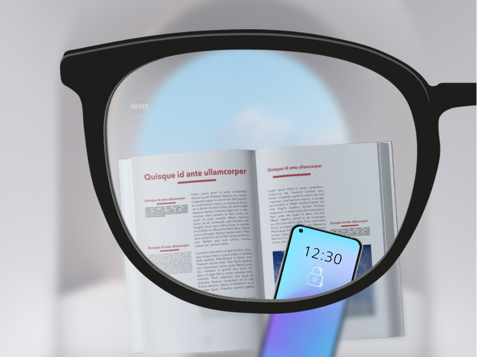 Et perspektivbilde med ZEISS enstyrke SmartLife-glass med en smarttelefon og bok og glasset helt klart.
