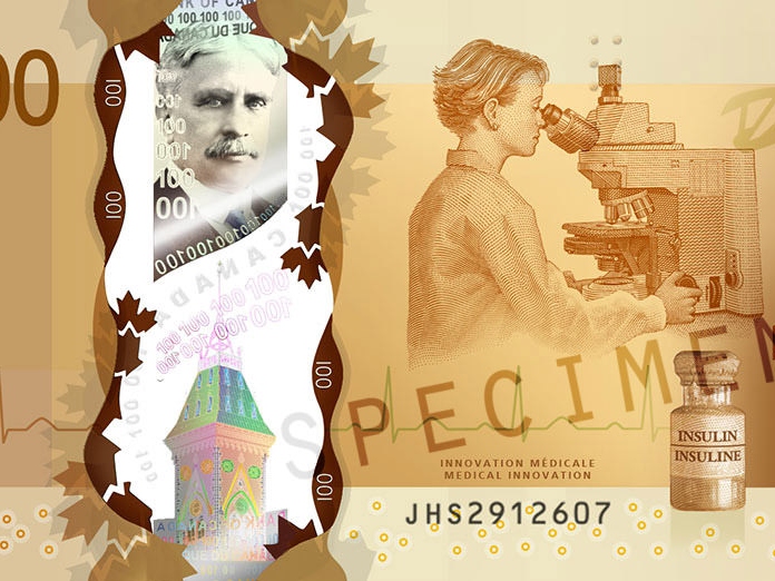 Nærbilde av den kanadiske 100 dollar-seddelen, som blant annet viser et ZEISS-mikroskop.