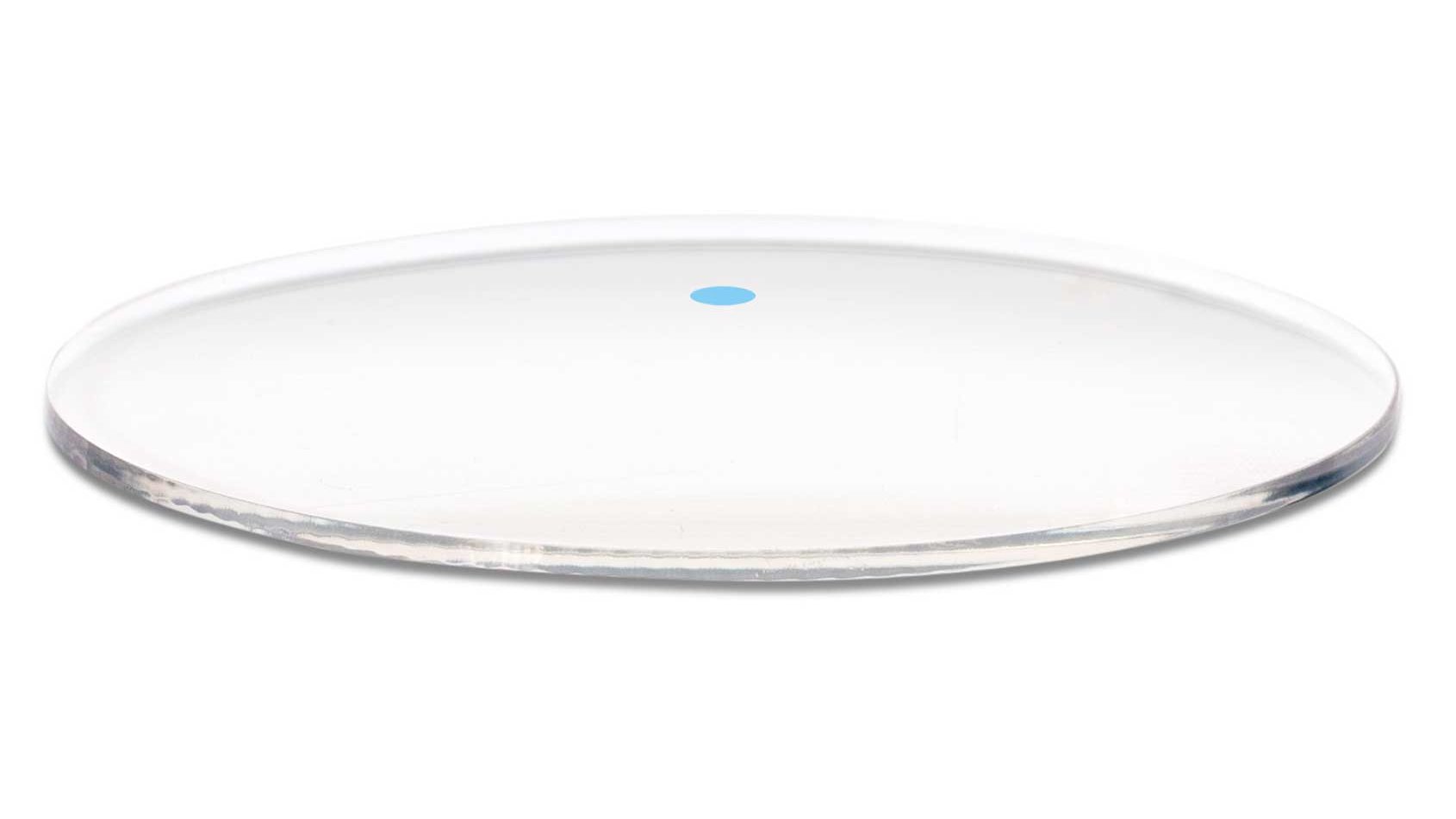 3D-illustrasjon av glass som viser en blå prikk i glassets radius som symboliserer den ene frie parameteren som brukes til å optimalisere glassdesignet.