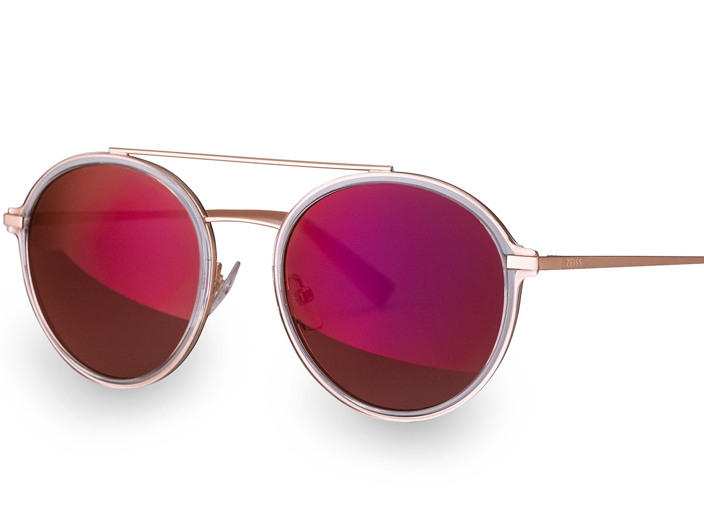 Fotografi av moteriktige solbriller med spesielt ZEISS frontglassbelegg i magenta 