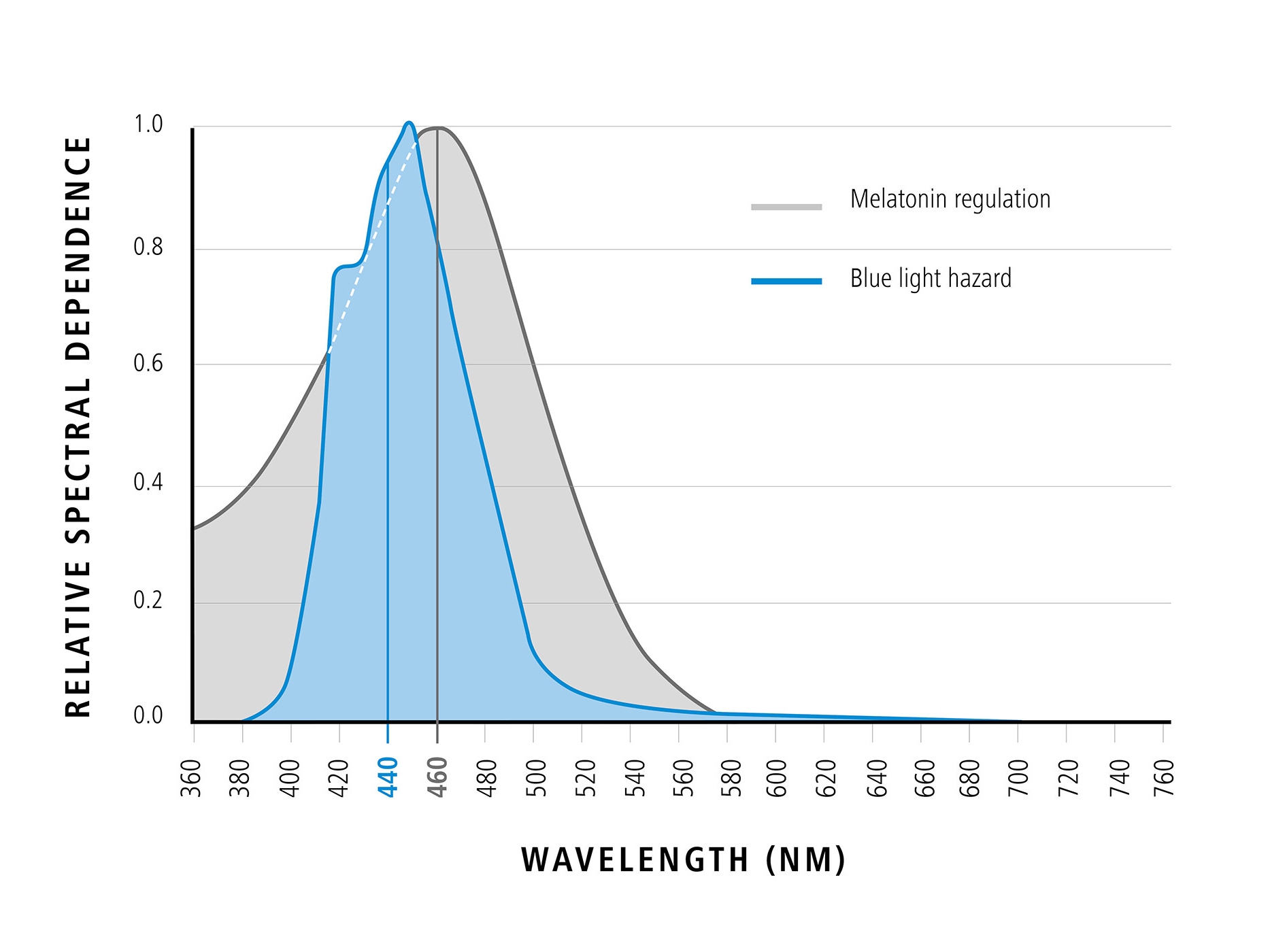 Diagram som viser bølgelengden til blått lys i forhold til relativ spektral avhengighet (positive effekter av blått lys) 