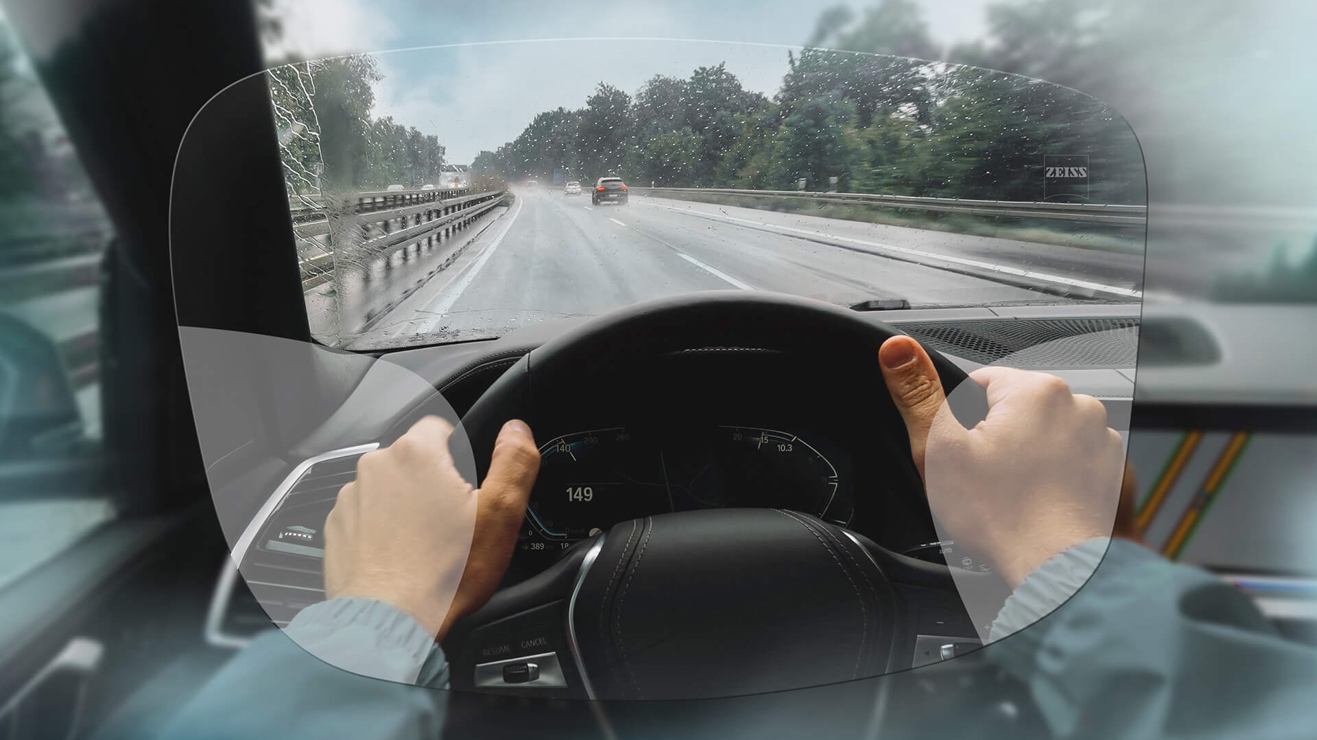 Visualisering av ZEISS DriveSafe Progressive Individual-glass. Bildet viser sikten gjennom brilleglassene. 