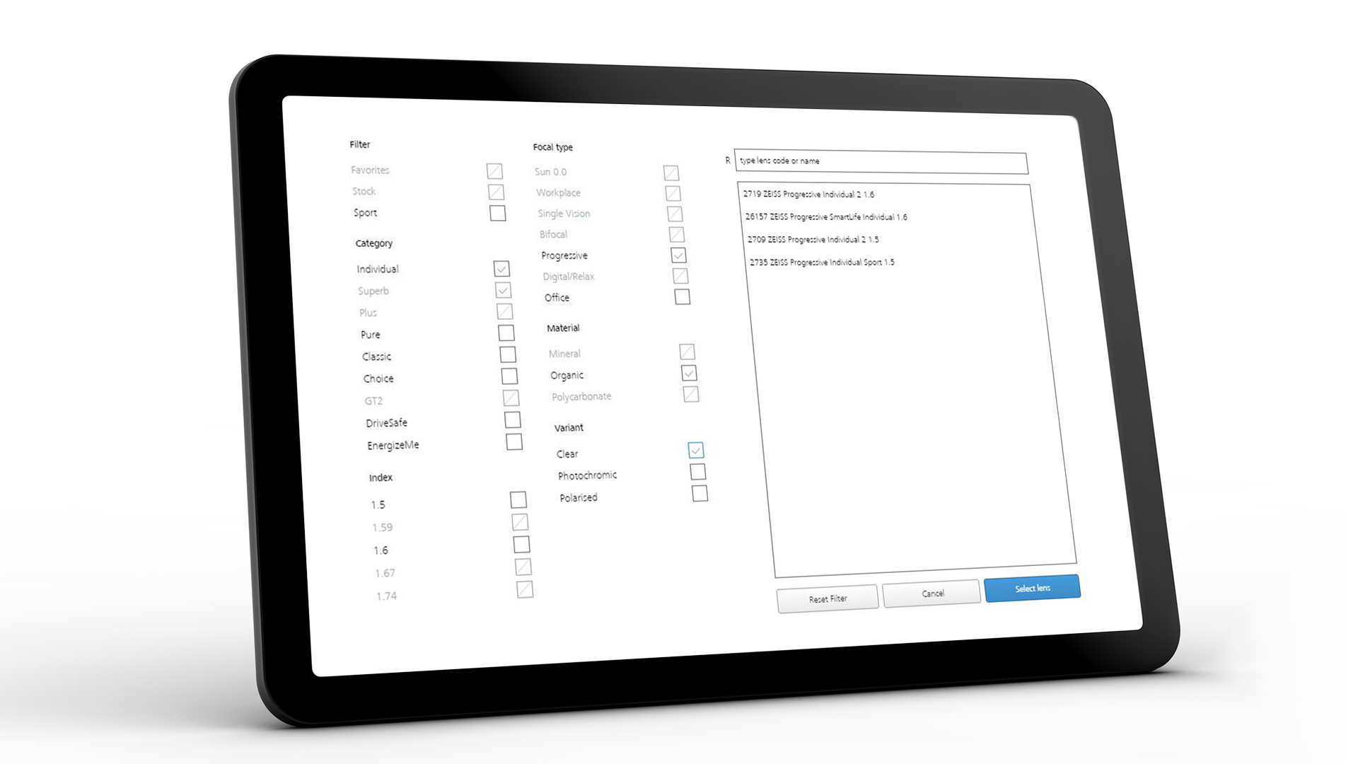 Nettbrettskjerm som viser ZEISS VISUSTORE-grensesnittet for flere inndatahjelpemidler 