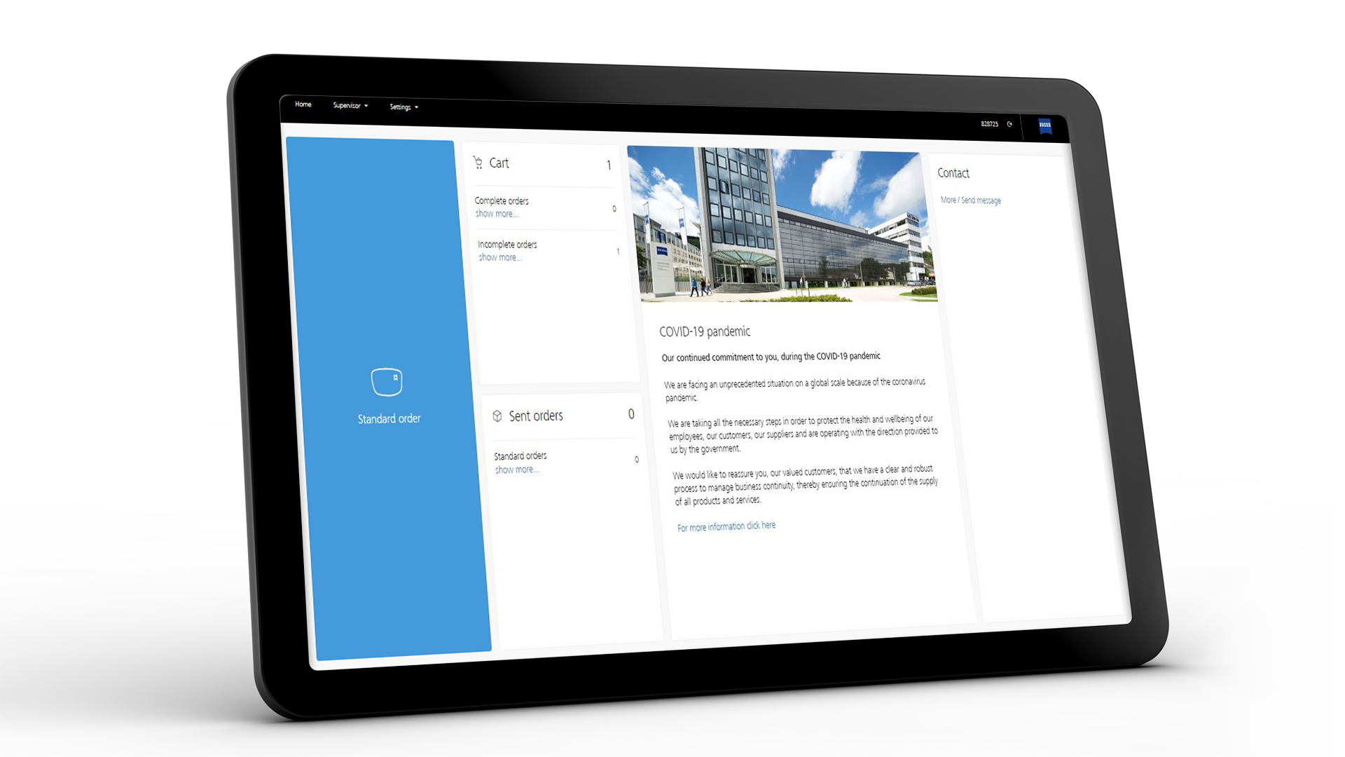 Nettbrettskjerm som viser ZEISS VISUSTORE-grensesnittet for standardbestillinger 