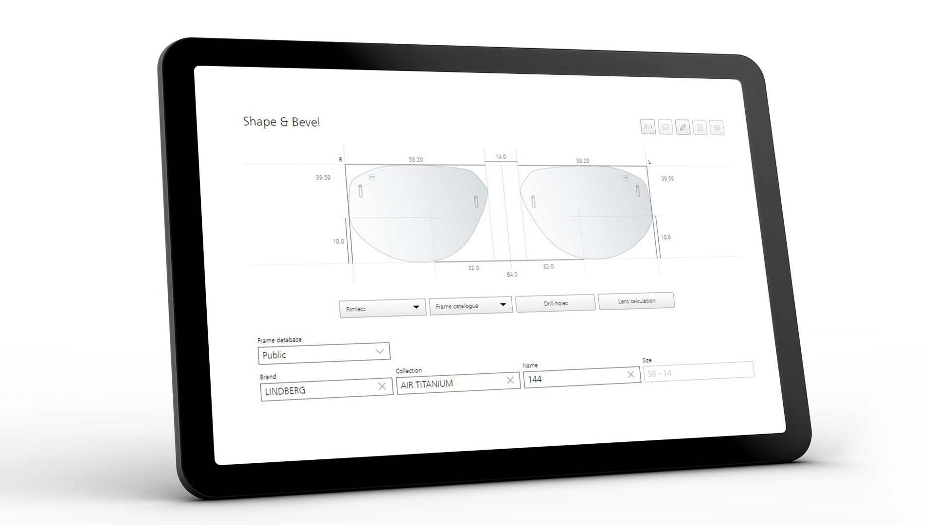 Nettbrettskjerm som viser ZEISS VISUSTORE-grensesnittet for form og fasett 