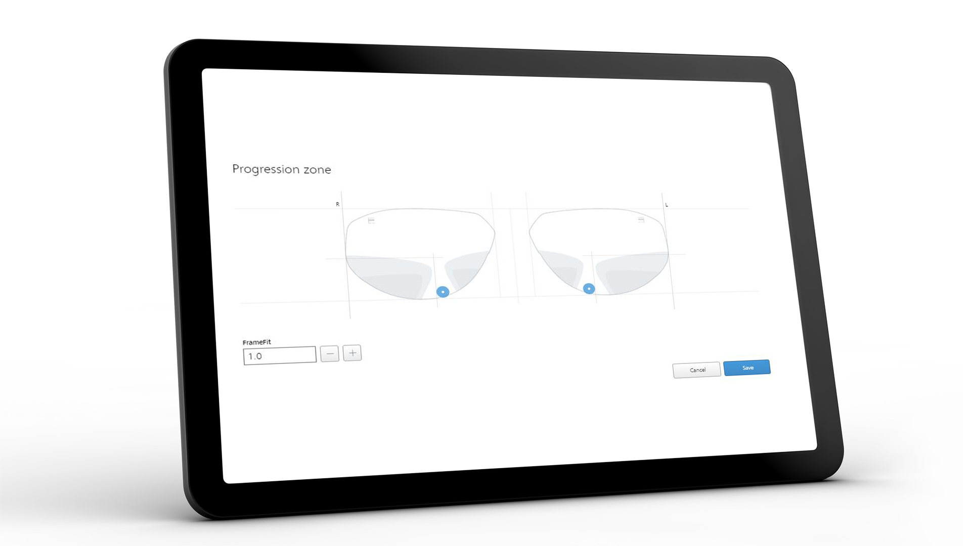 Nettbrettskjerm som viser ZEISS VISUSTORE-grensesnittet for den progressive sonen 