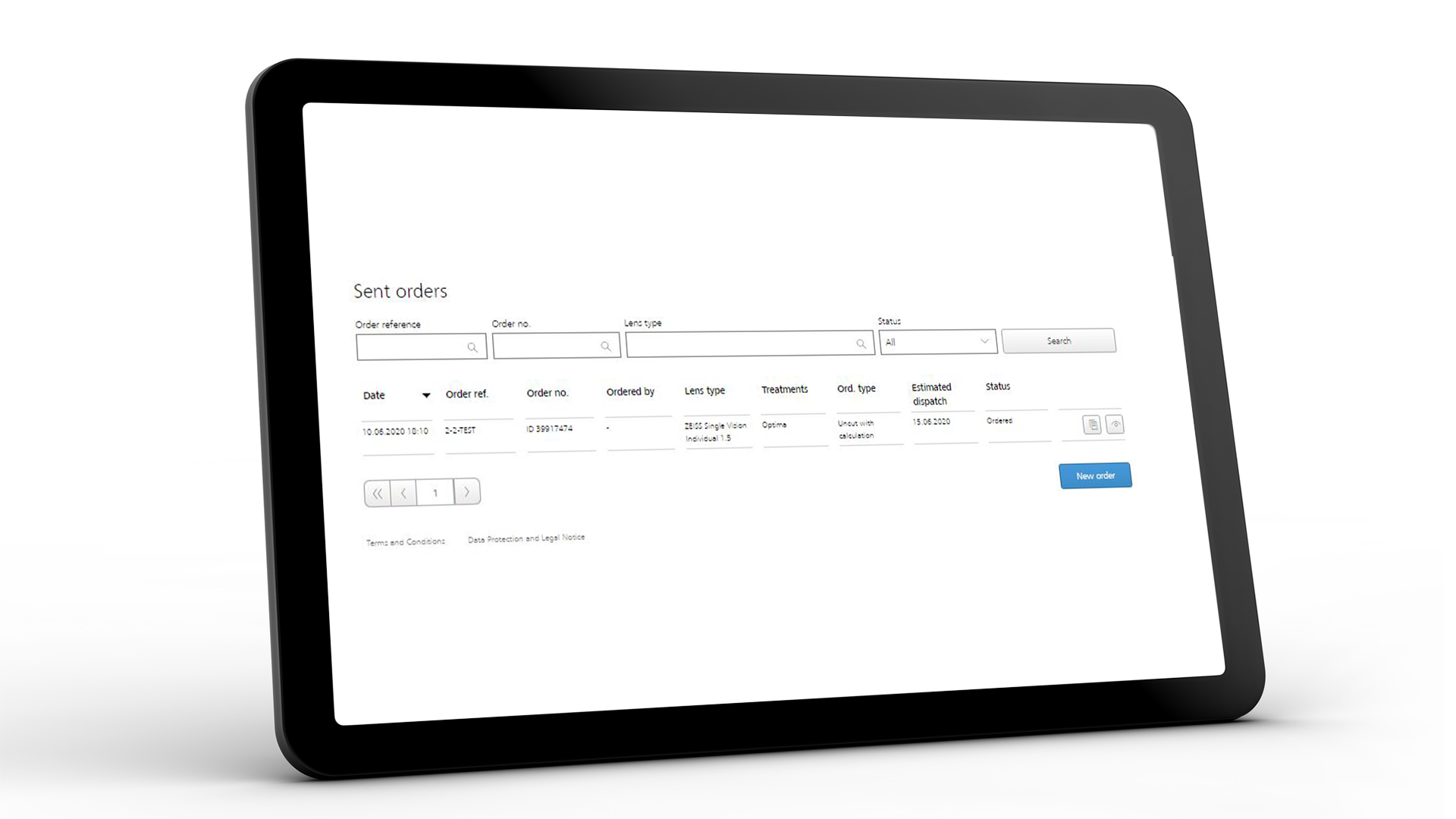 Nettbrettskjerm som viser ZEISS VISUSTORE-grensesnittet for sendte bestillinger 