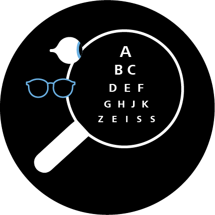 Illustrasjon av briller, et øye og et forstørrelsesglass som forstørrer bokstavene i en synstest. 