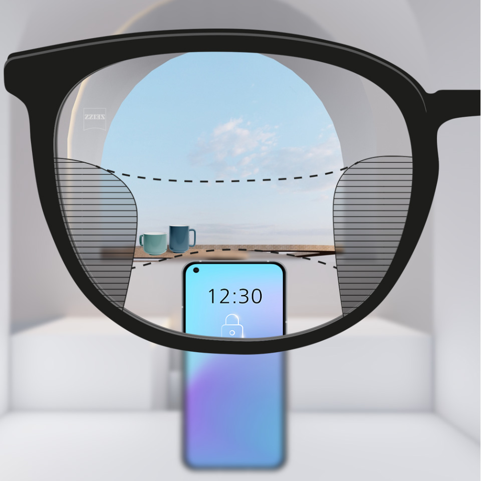 En bildeglidebryter som viser et konvensjonelt multifokalt glass til venstre, med relativt begrensede synssoner, sammenlignet med et førsteklasses glass til høyre som har klart syn gjennom mer av glasset.