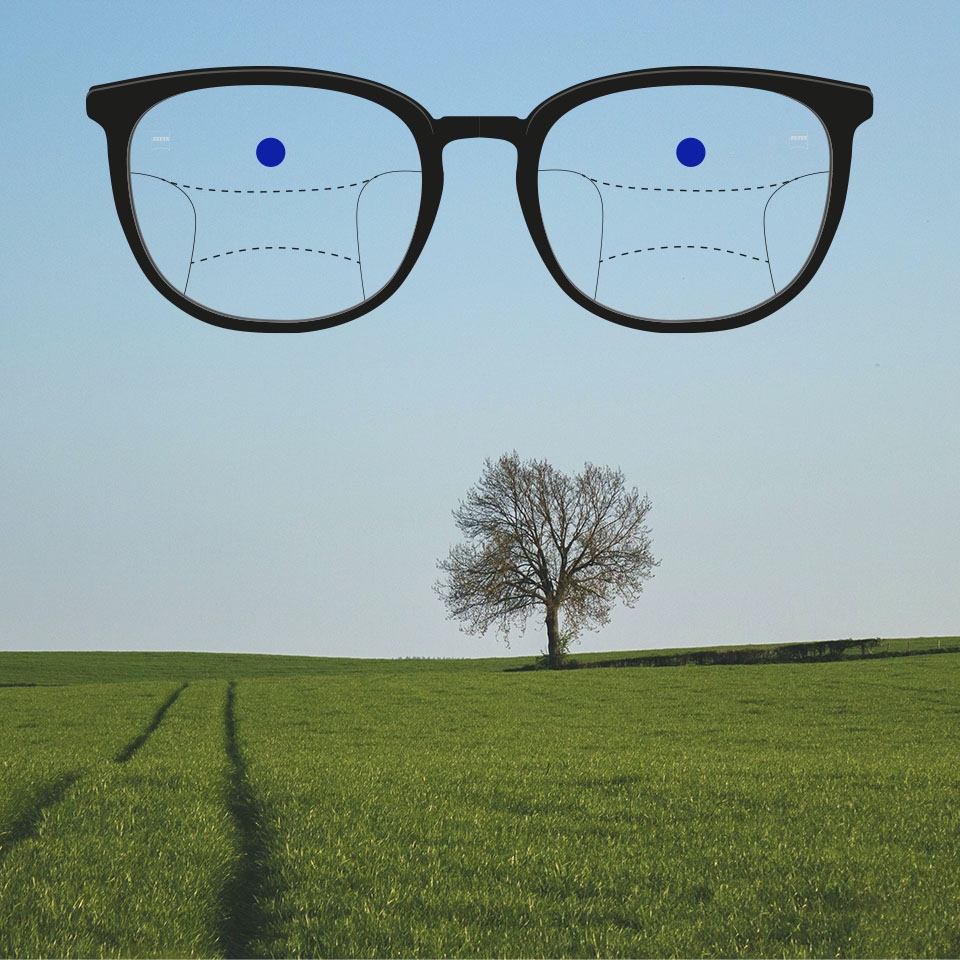 En innfatning med progressive glass og skjematiske linjer for å indikere forskjellige synssoner. Ulike deler av glasset er uthevet: Avstand - øvre del av brillen.