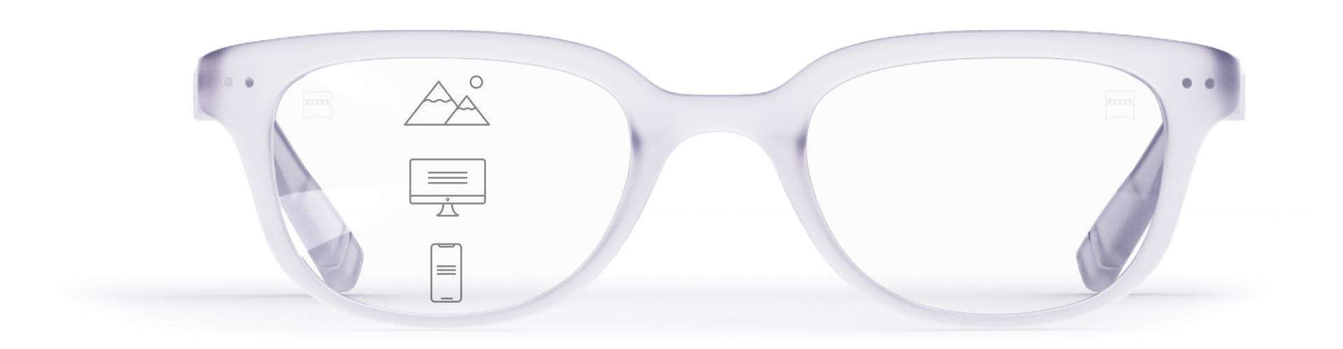 ZEISS Progressive SmartLife-glass i en stilig gjennomsiktig innfatning med ikoner som indikerer de forskjellige synssonene – nær, mellom og fjern