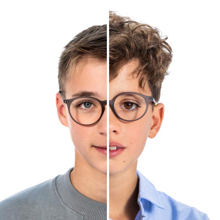 Halvparten av ansiktet til en tenåringsgutt ved siden av den ene halvdelen av et yngre gutteansikt, bytter til et fullportrett for unge gutter med et ansikt og en skanning av innfatning vises
